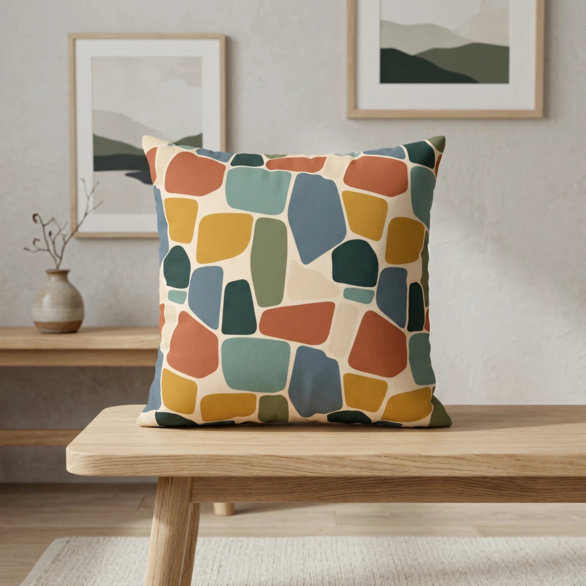 Modern throw pillow featuring a colorful abstract mosaic pattern in earthy tones, displayed on a wooden bench in a minimalist interior setting.