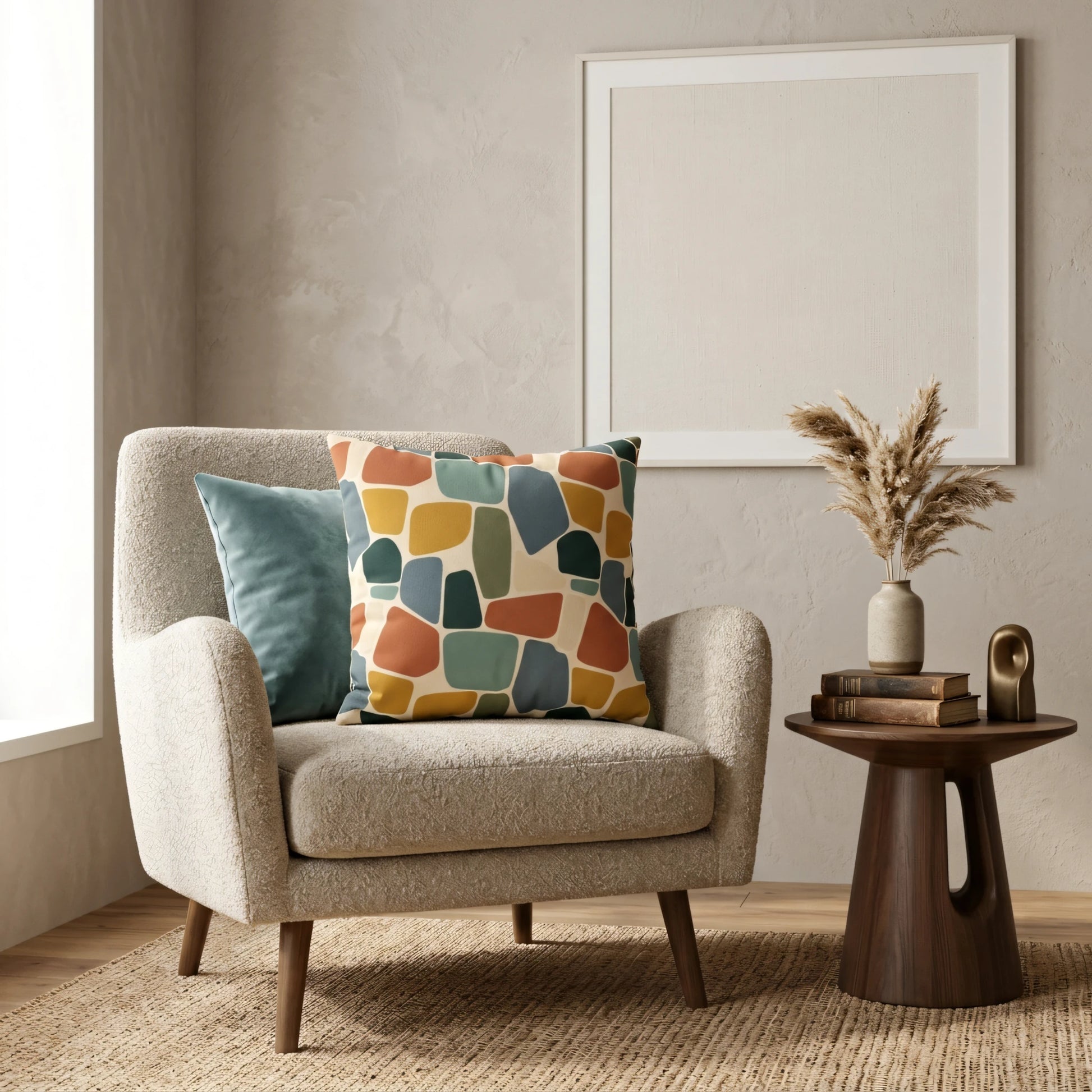 Modern abstract geometric cushion with terracotta and blue patterns on a textured armchair in a neutral, minimalist living room setting.