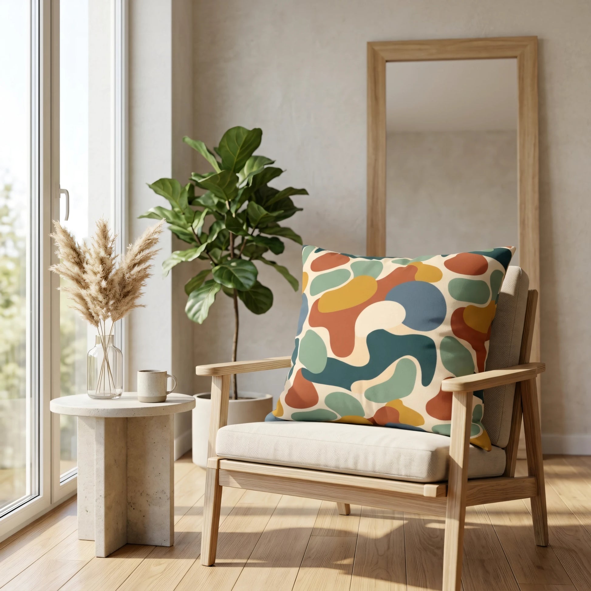Modern abstract cushion with teal, mustard, and terracotta organic shapes on a wooden armchair in a bright, sunlit minimalist living room.