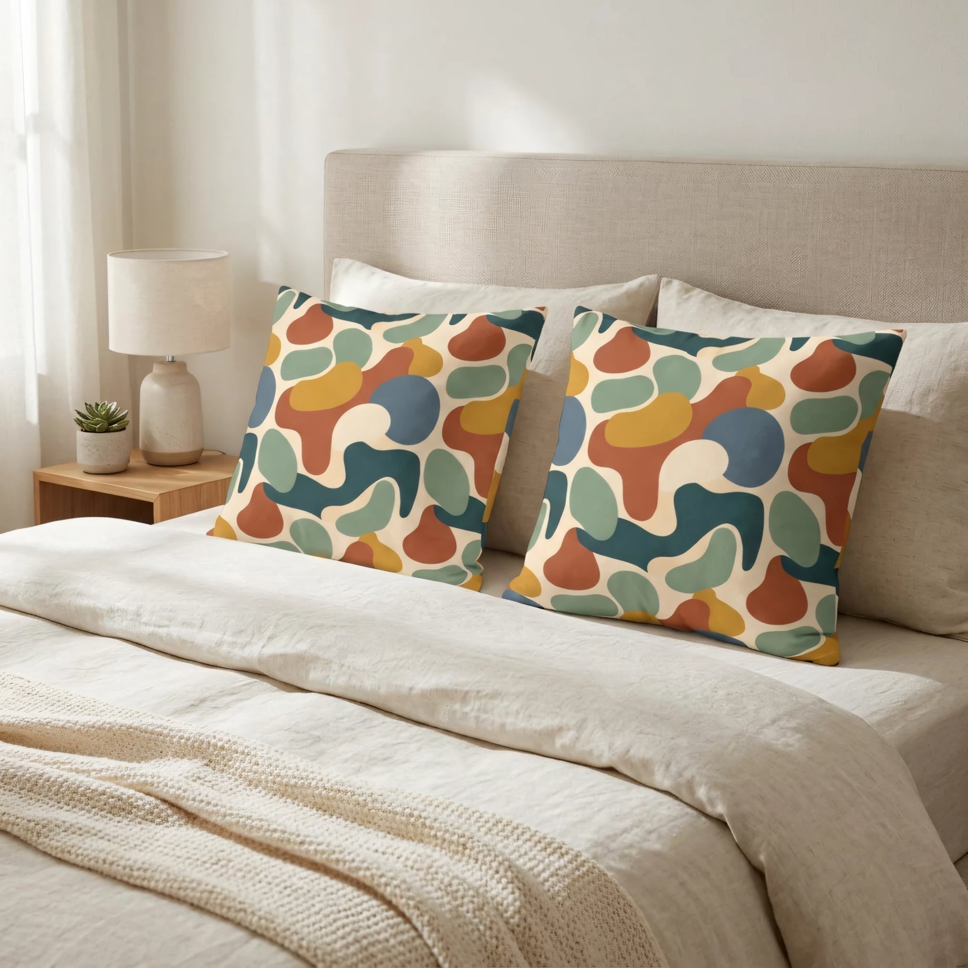 Two decorative pillows with abstract organic shapes in earthy colors on a cozy neutral bed in a bright, minimalist bedroom.