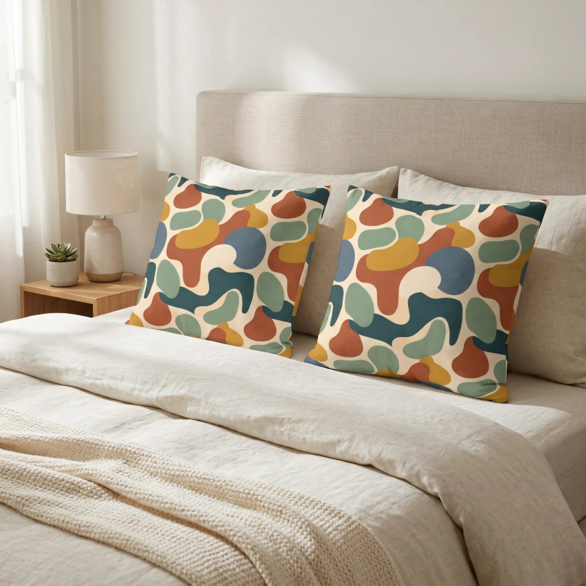 Two decorative pillows with abstract organic shapes in earthy colors on a cozy neutral bed in a bright, minimalist bedroom.