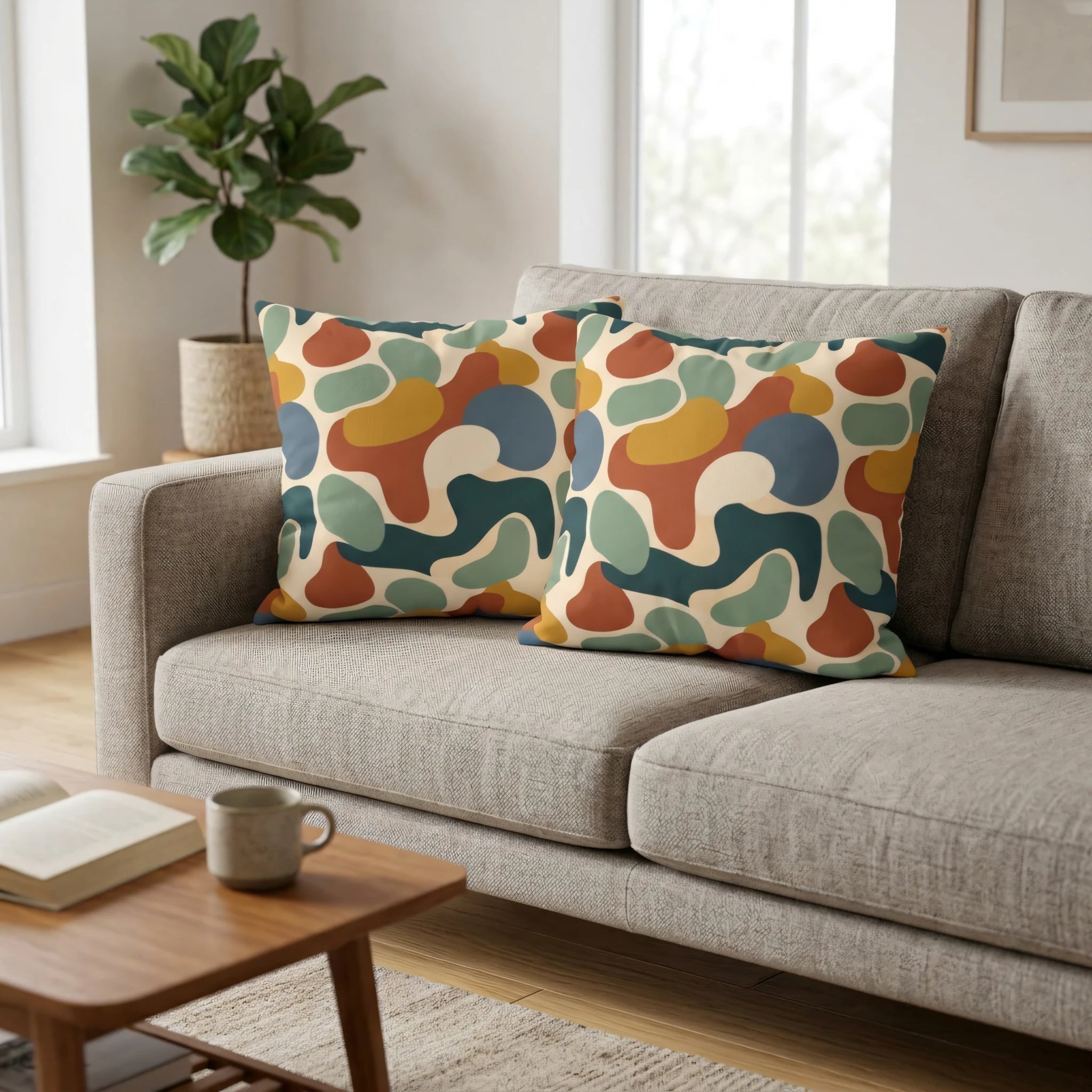 Two decorative throw pillows with a retro abstract pattern in earth tones on a cozy gray sofa in a modern living room setting.