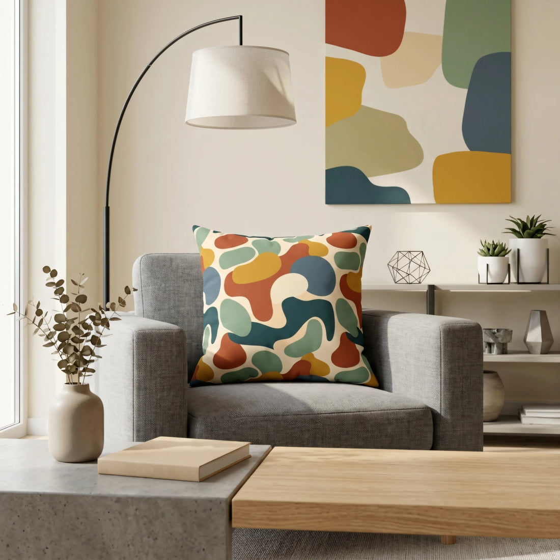 Abstract pattern cushion featuring earth tones on a grey armchair in a modern living room lifestyle scene with minimalist home decor.