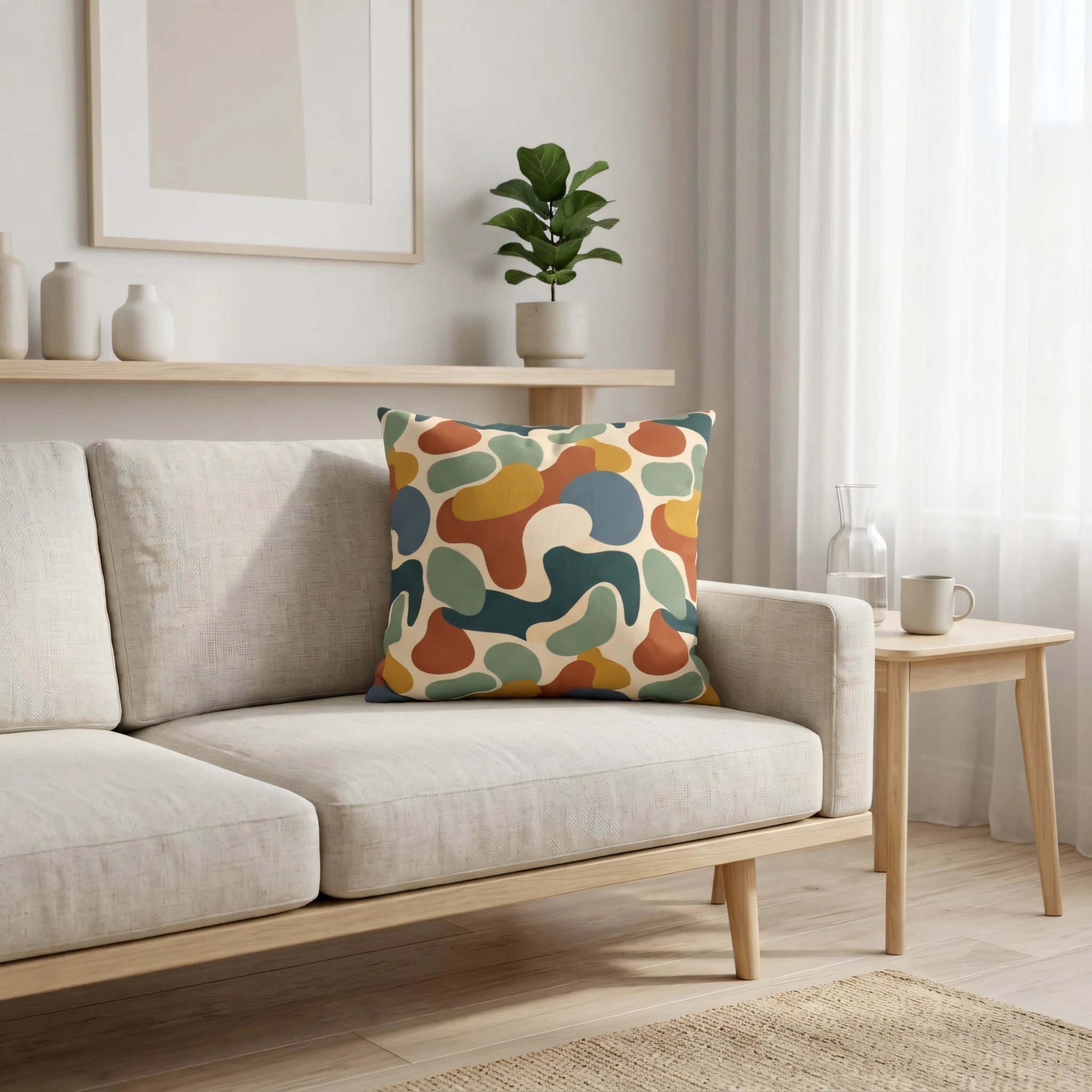 Abstract pattern throw pillow with terracotta and teal shapes on a beige sofa in a minimalist living room interior with natural lighting.