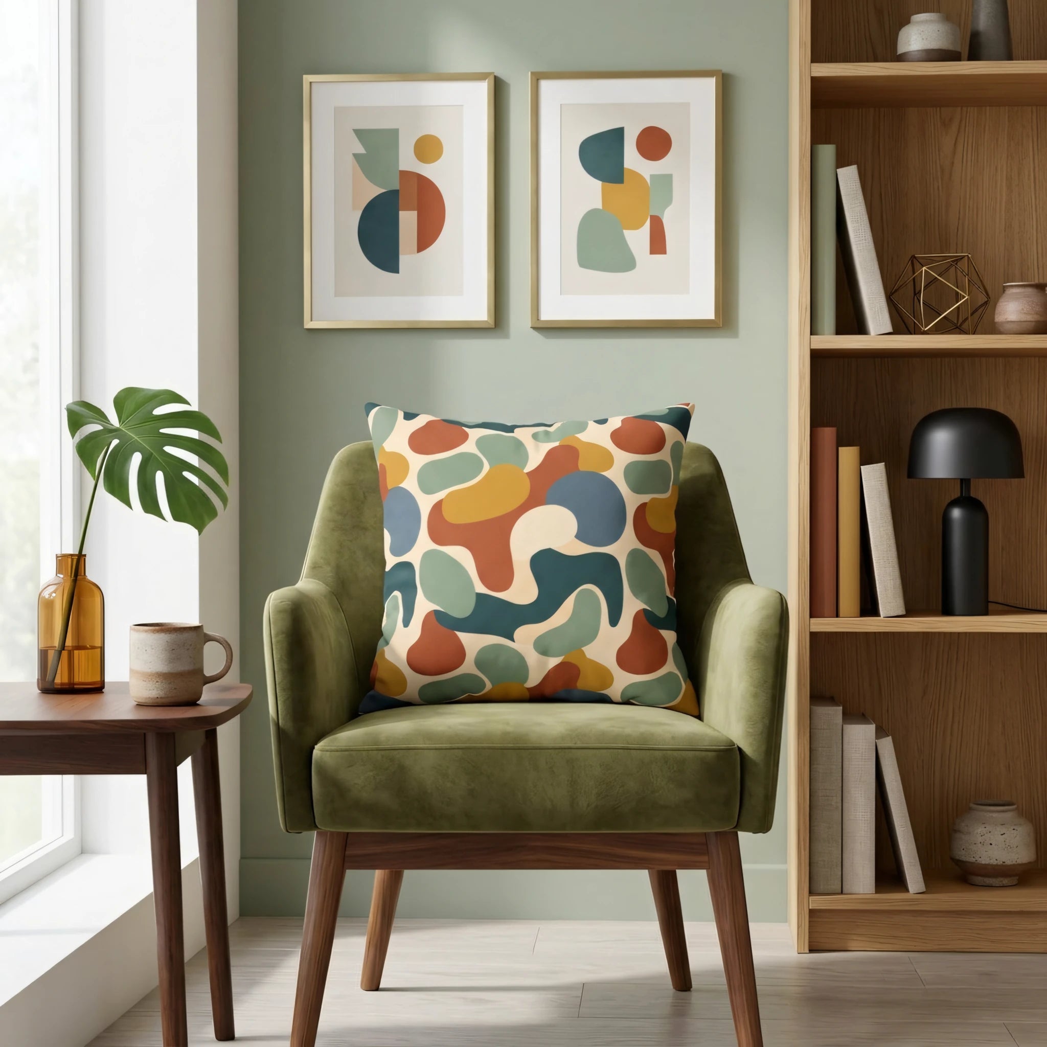 Modern cushion with colorful abstract organic patterns on a green velvet armchair in a cozy room with a bookshelf and plants.