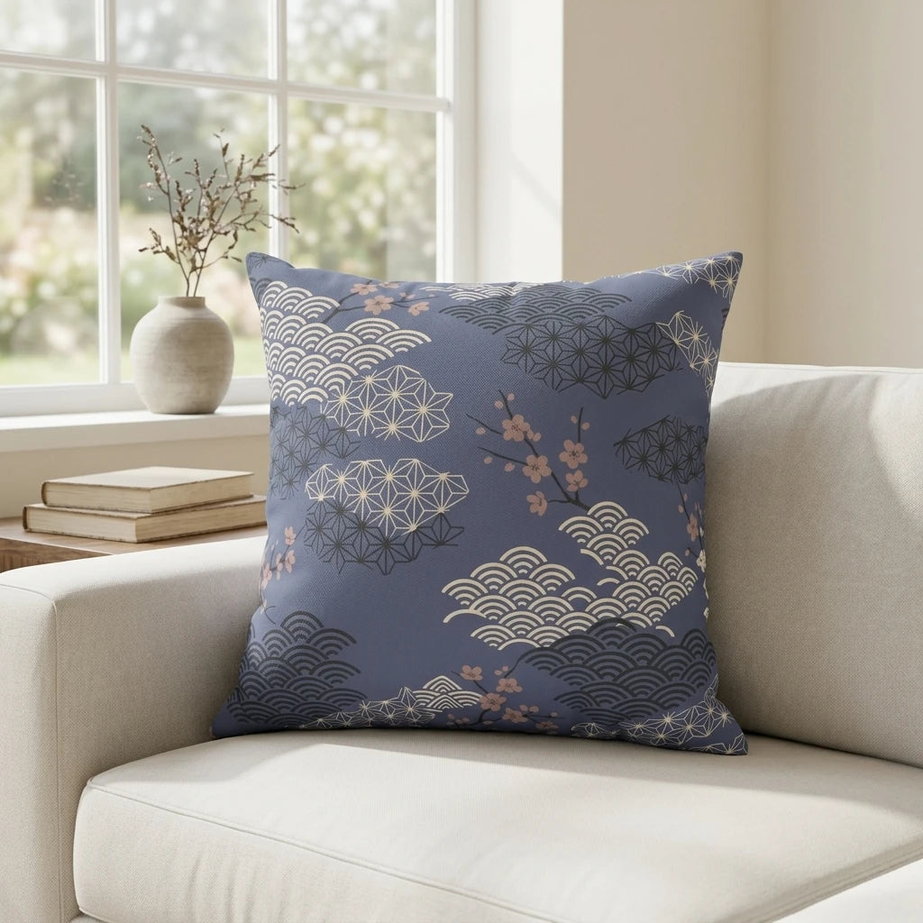 Slate Blue Cloud Asanoha Cushion Cover, lifestyle view.
