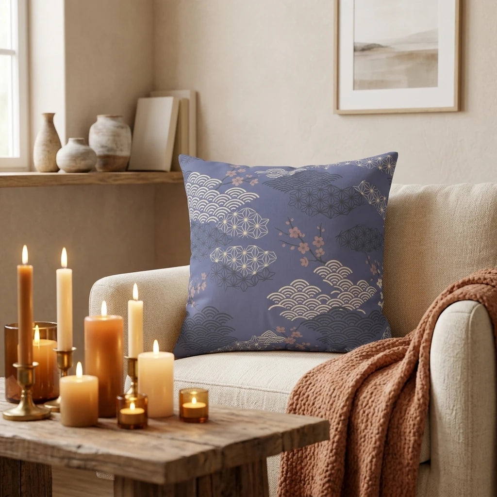Slate Blue Cloud Asanoha Cushion Cover, lifestyle view.