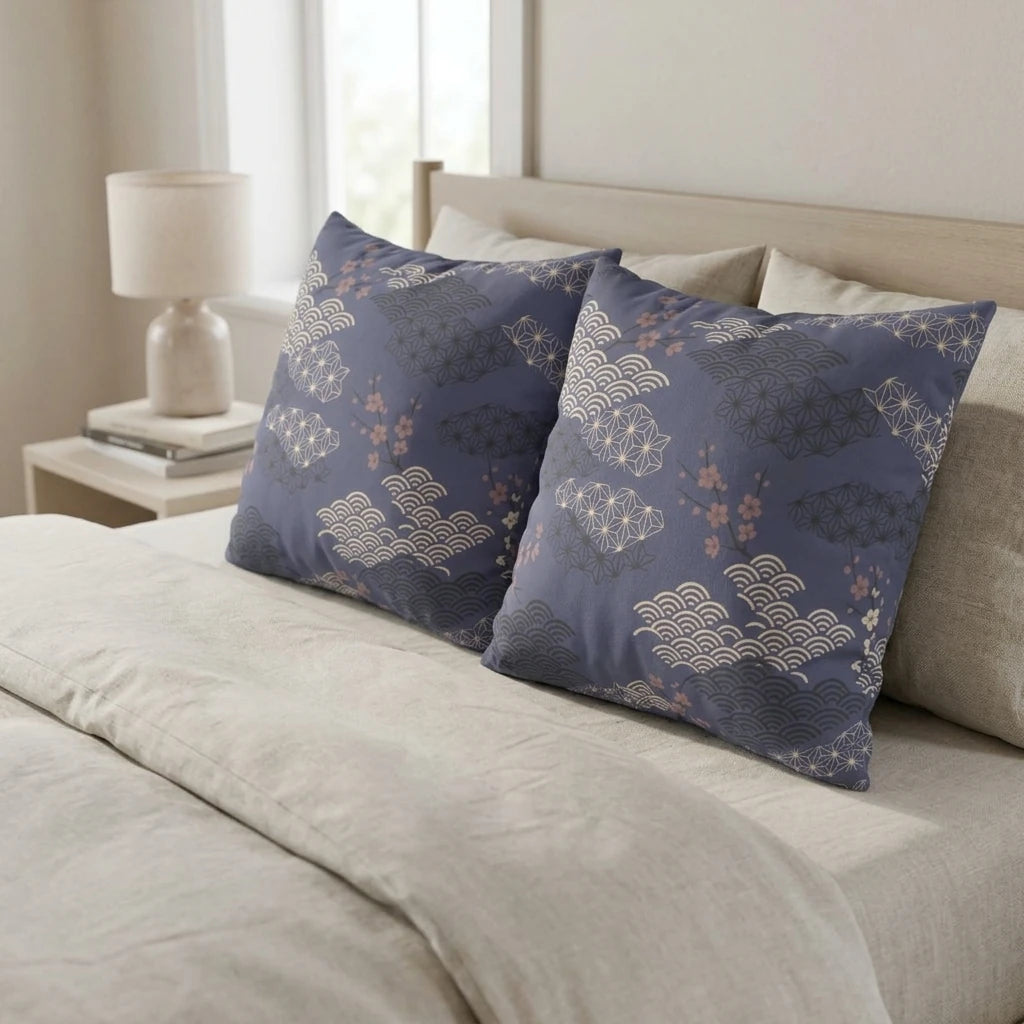 Slate Blue Cloud Asanoha Cushion Cover, lifestyle view.