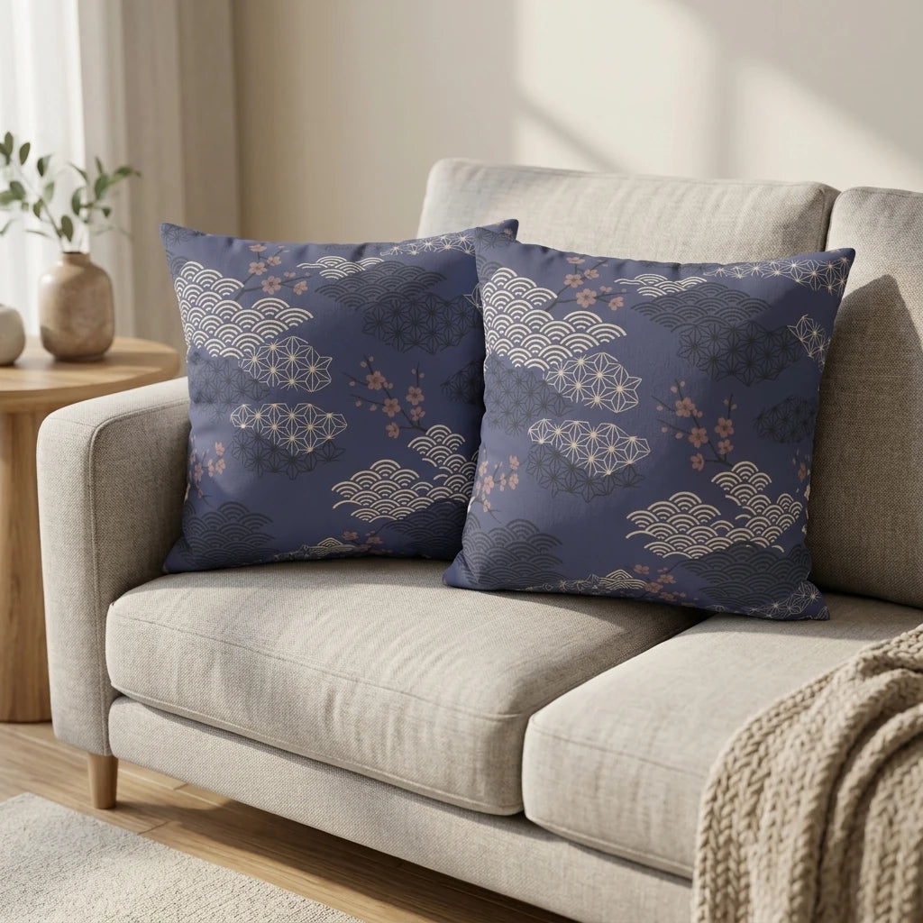 Slate Blue Cloud Asanoha Cushion Cover, lifestyle view.