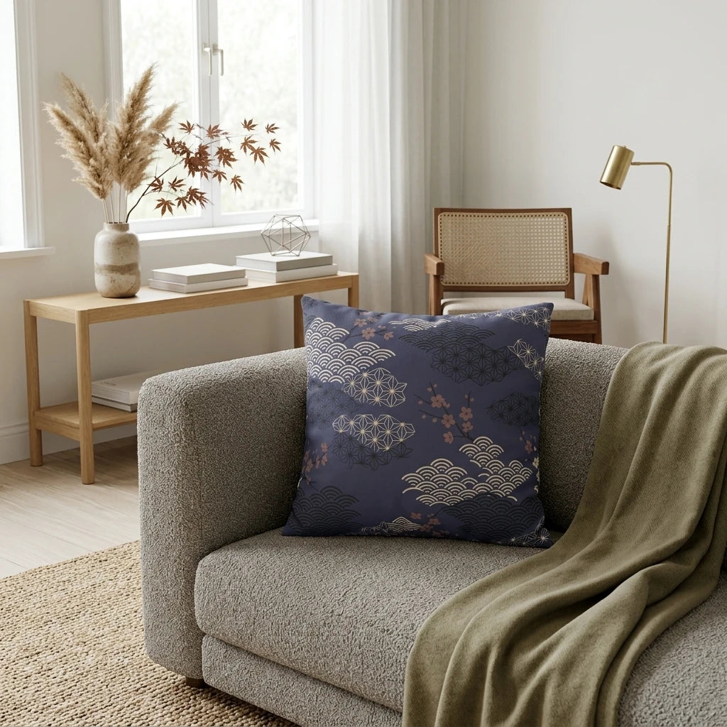 Slate Blue Cloud Asanoha Cushion Cover, lifestyle view.