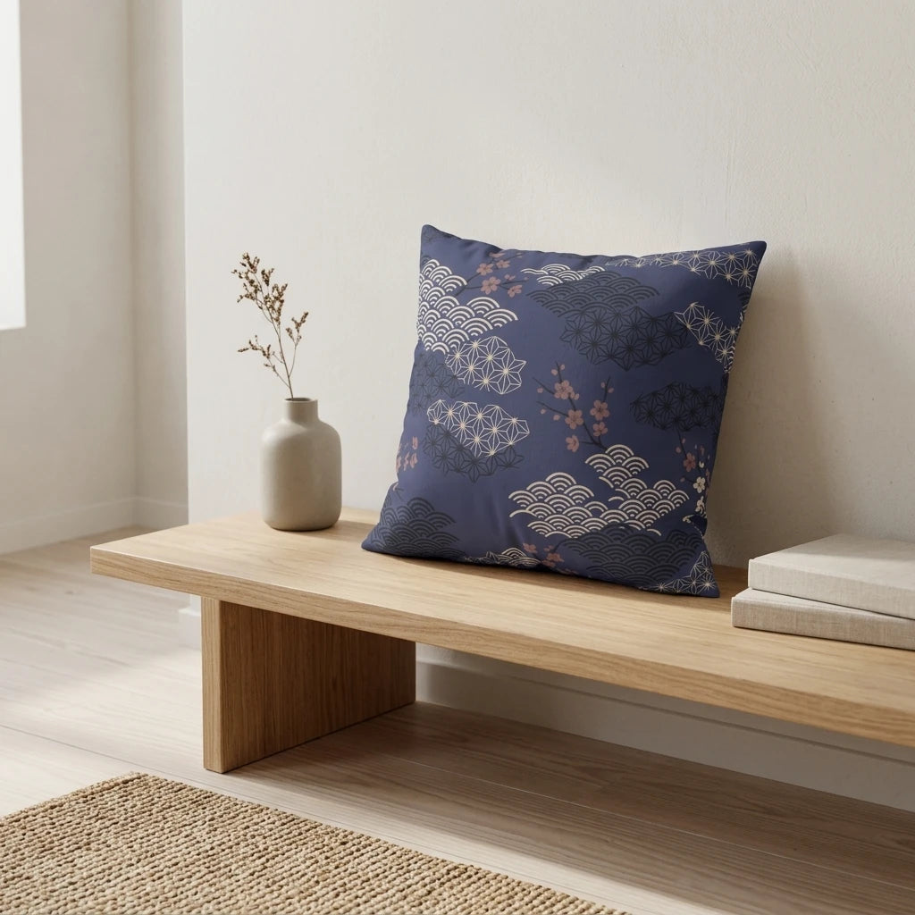 Slate Blue Cloud Asanoha Cushion Cover, lifestyle view.