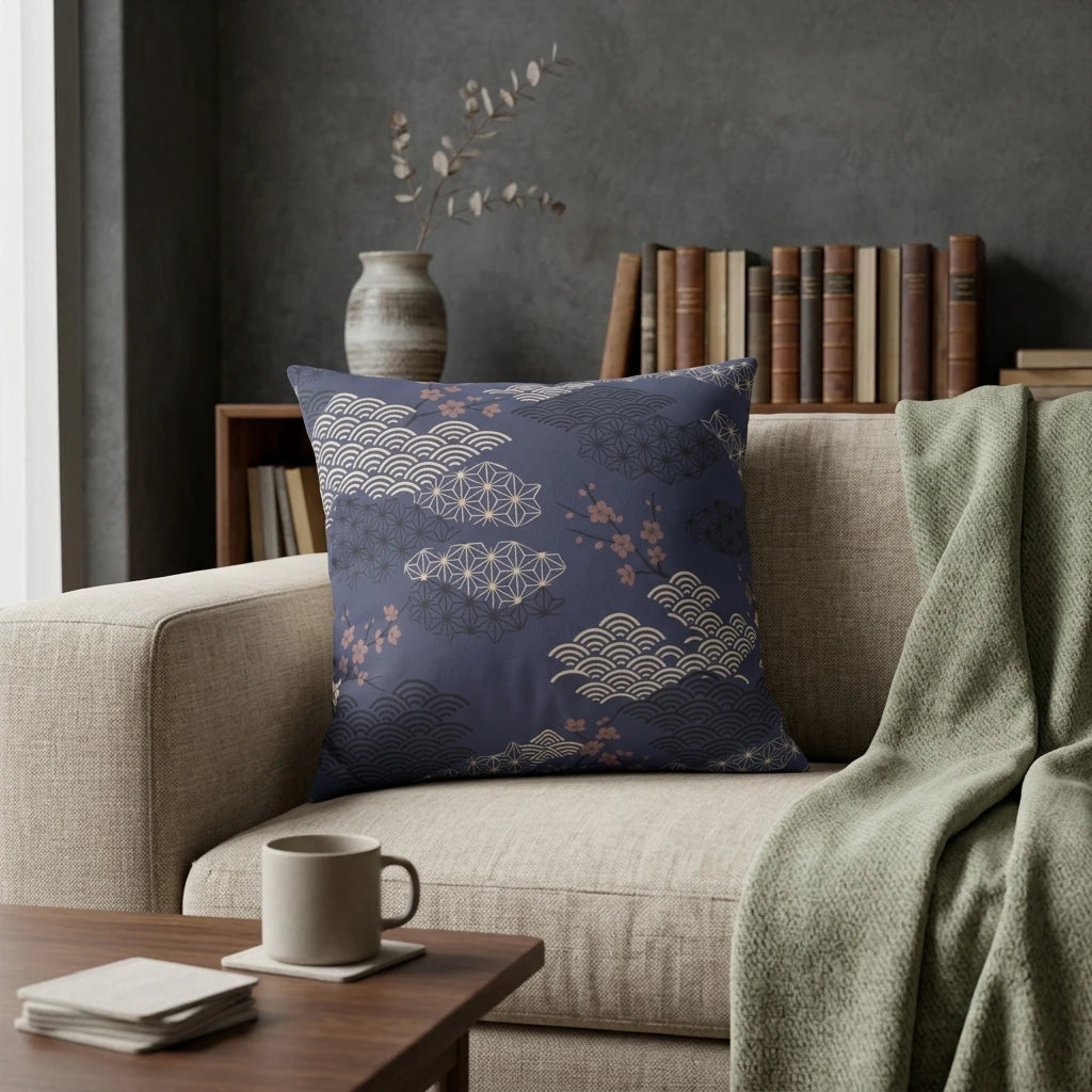 Slate Blue Cloud Asanoha Cushion Cover, lifestyle view.