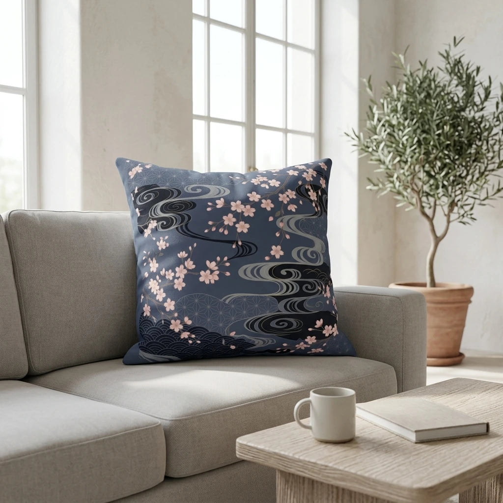 Japanese style cushion with pink sakura blossoms on a navy blue background, styled on a grey sofa in a bright living room with a wooden table.