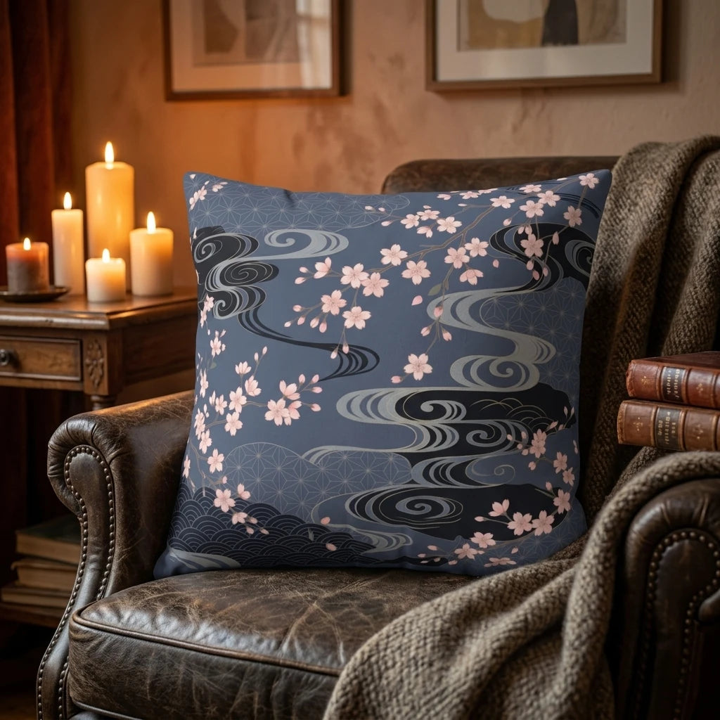 Blue Japanese pattern cushion with pink cherry blossoms on a leather armchair in a cozy candlelit room with books and a warm throw.