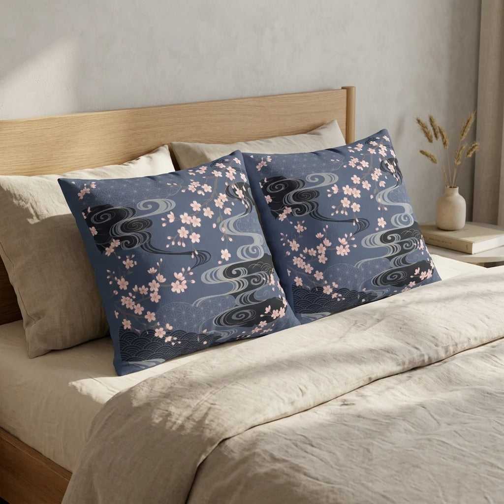 Two decorative navy blue cushions with pink cherry blossom patterns on a wooden bed with neutral linens in a bright, modern bedroom.