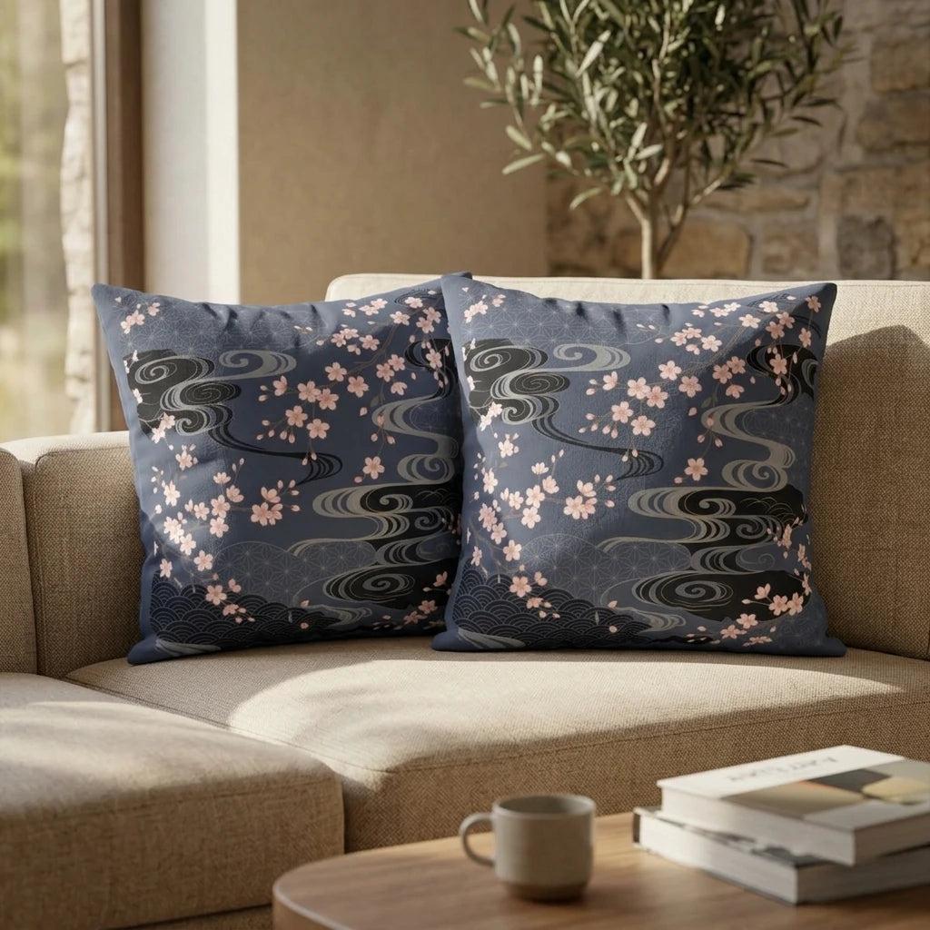 Two navy blue cushions with pink Japanese cherry blossom and wave patterns on a tan sofa in a modern living room lifestyle shot.