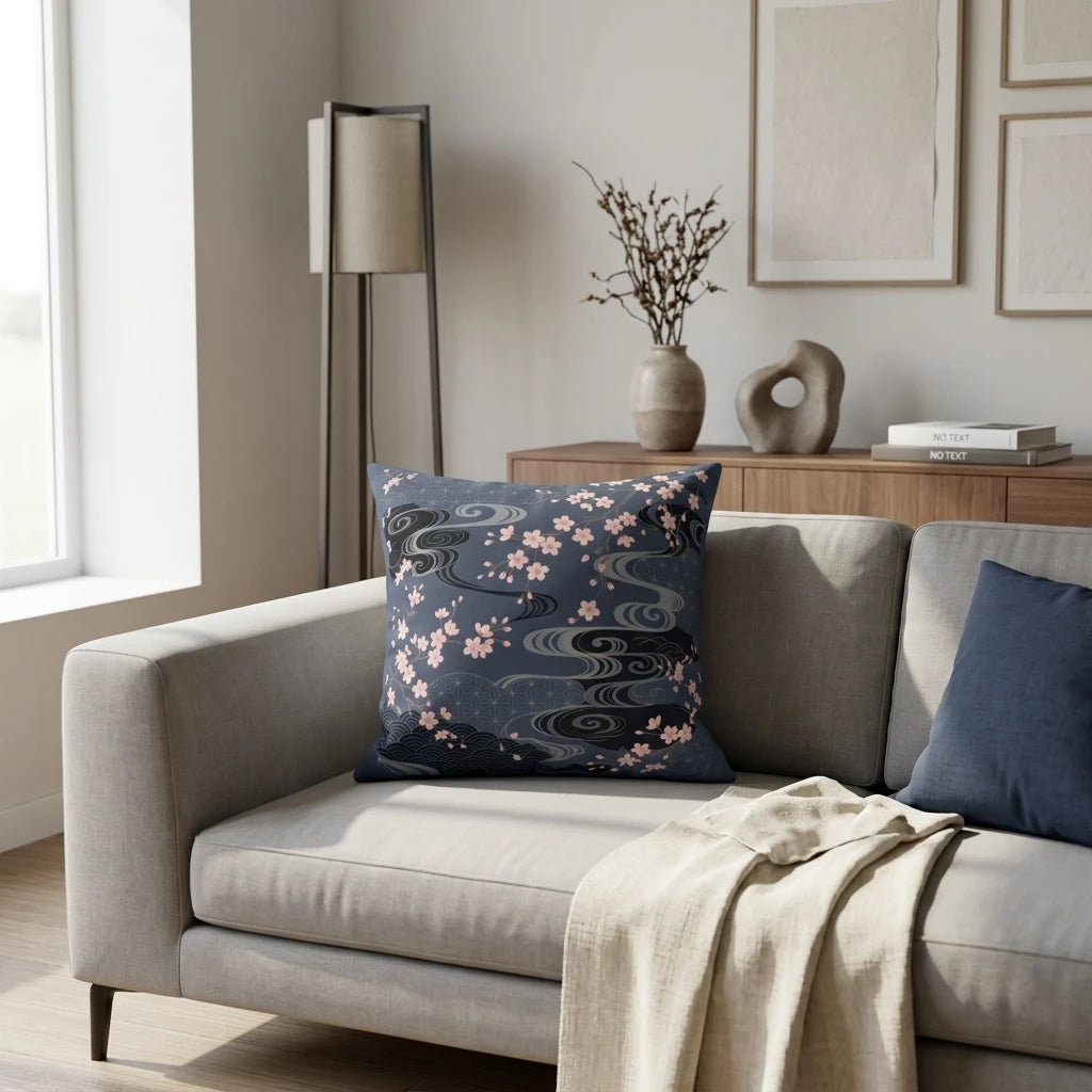 Decorative throw pillow with navy blue Japanese wave and pink cherry blossom pattern on a light gray couch in a modern living room.