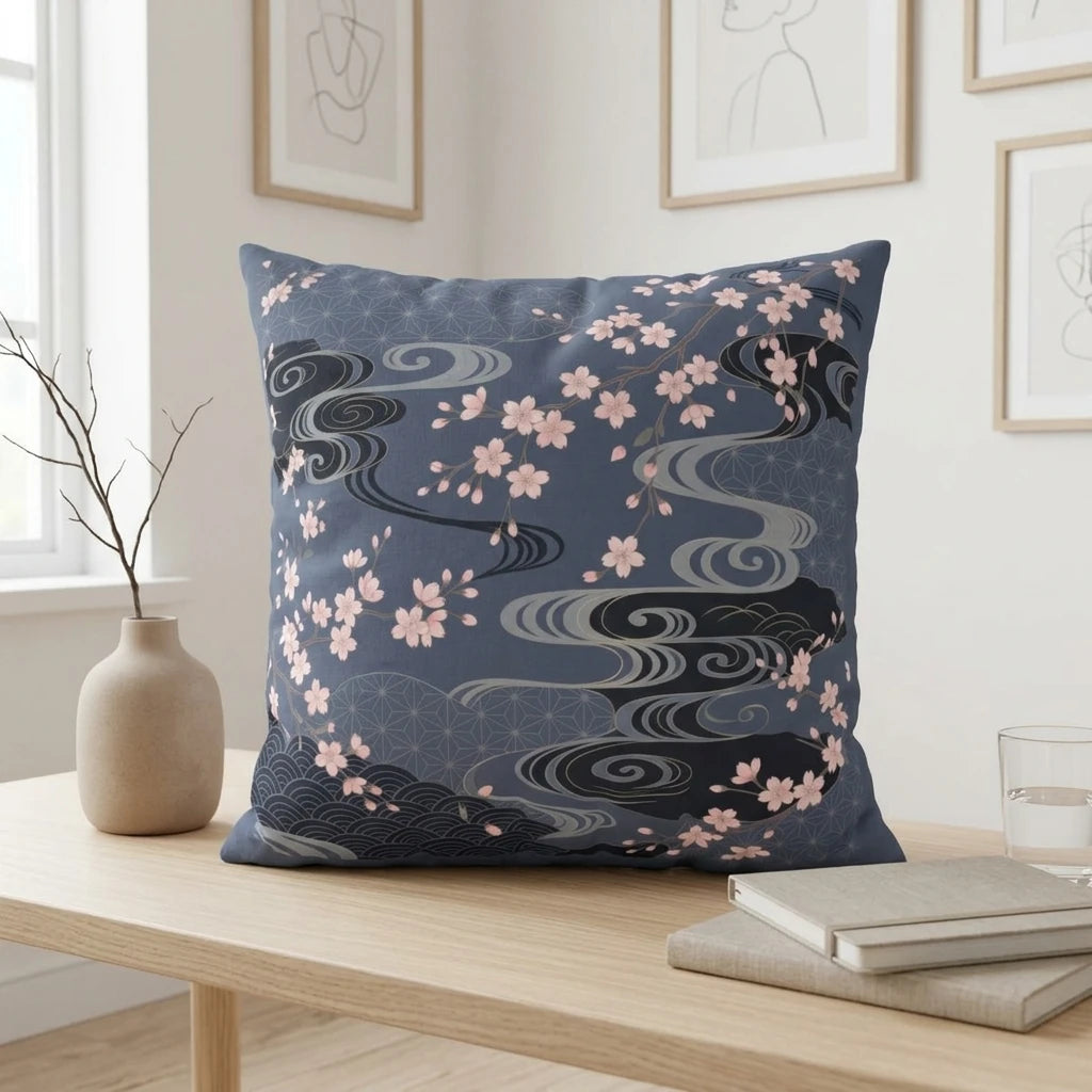 Decorative navy blue throw pillow featuring pink cherry blossoms and grey wave designs on a light wood table in a modern minimalist room.