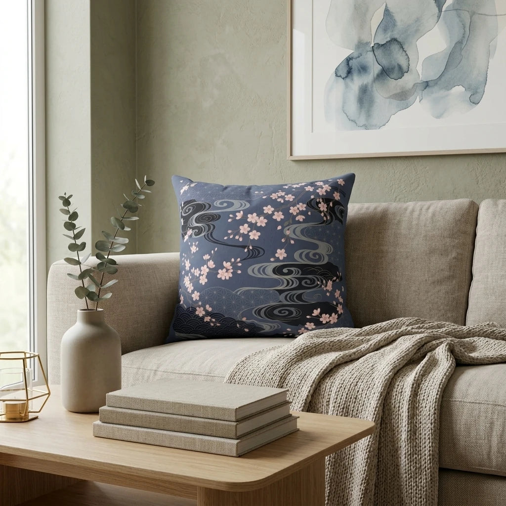 Blue Japanese cherry blossom pattern pillow on a beige sofa in a modern living room setting with a wooden coffee table and minimalist wall art.
