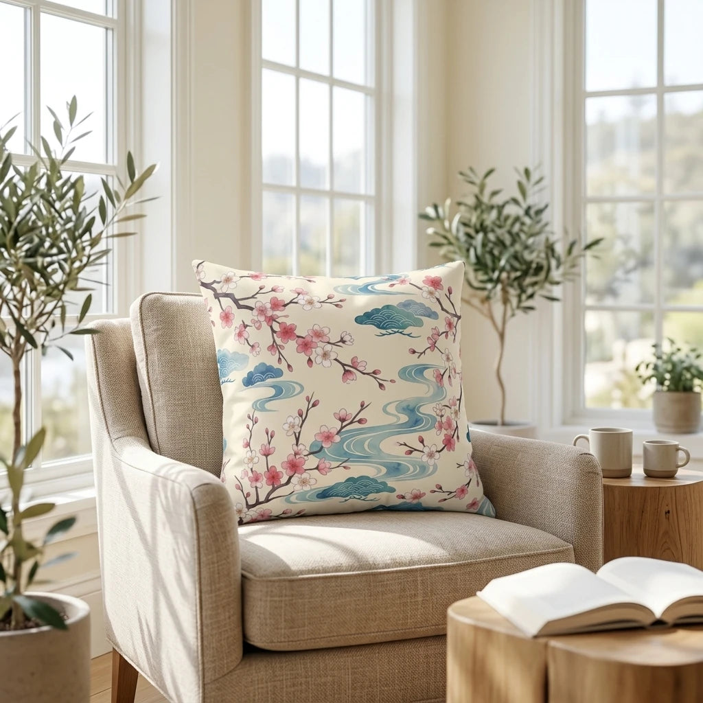 Floral throw pillow with pink cherry blossoms and blue waves on a beige armchair in a bright, sunny room with large windows and indoor plants.