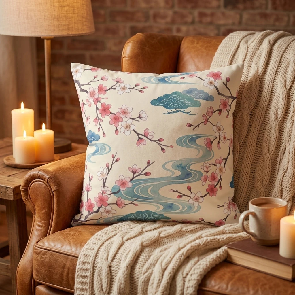 Decorative cherry blossom throw pillow with pink flowers and blue waves on a leather armchair in a cozy living room with lit candles.