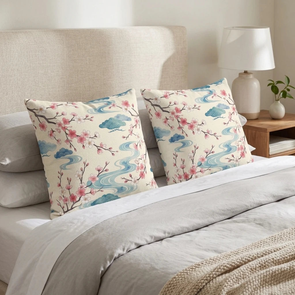 Two square decorative pillows with pink cherry blossoms and blue wave designs on a neutral bed in a serene, modern bedroom lifestyle setting.