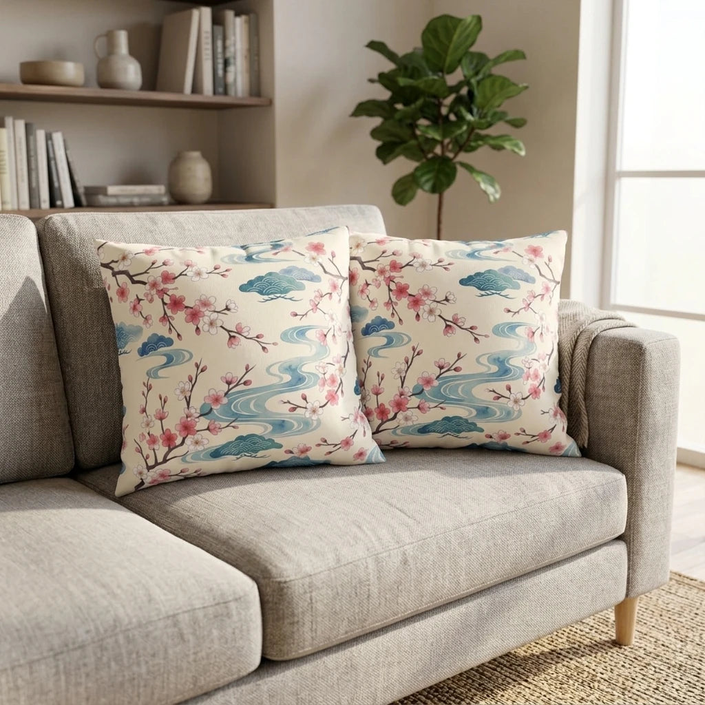 Two decorative cushions with pink cherry blossoms and blue waves on a light grey sofa in a bright, modern living room interior lifestyle scene.