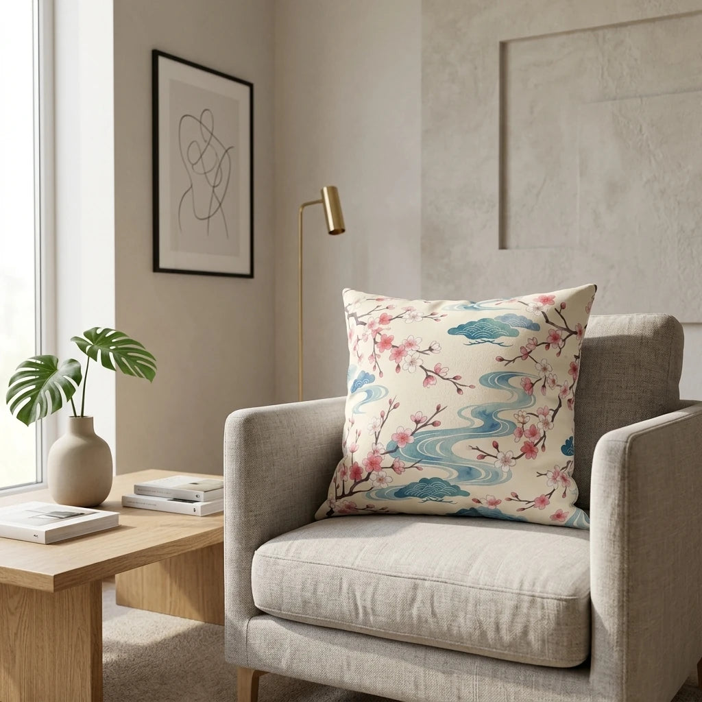 Japanese cherry blossom and blue wave cushion on a modern armchair in a minimalist living room with wooden furniture and a houseplant.