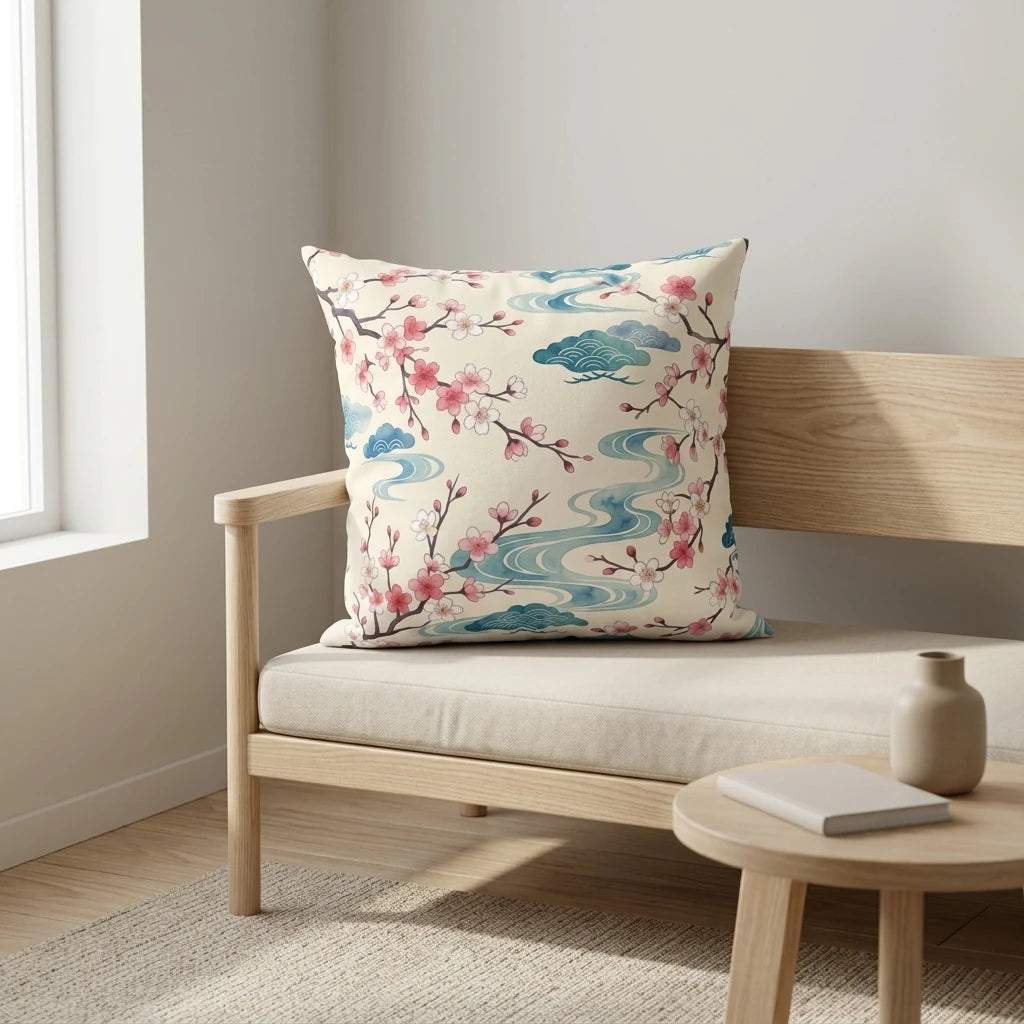 Square pillow with pink cherry blossoms and blue waves on a wooden bench in a minimalist interior setting with bright natural light.