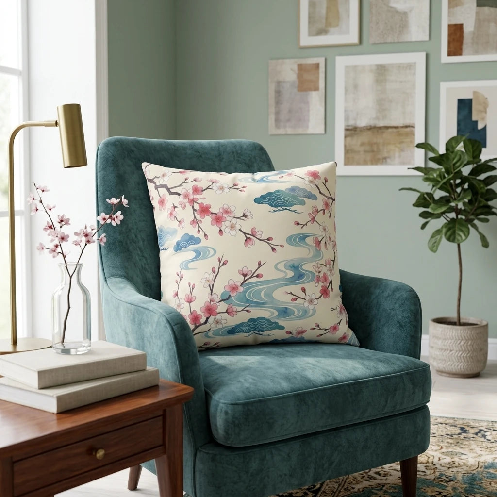 Cream cushion with pink cherry blossom and blue wave pattern on a teal armchair in a cozy living room with green walls and modern decor.