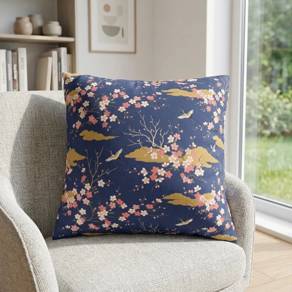 Navy blue decorative pillow with Japanese cherry blossom and crane pattern on a grey armchair in a bright, modern living room.