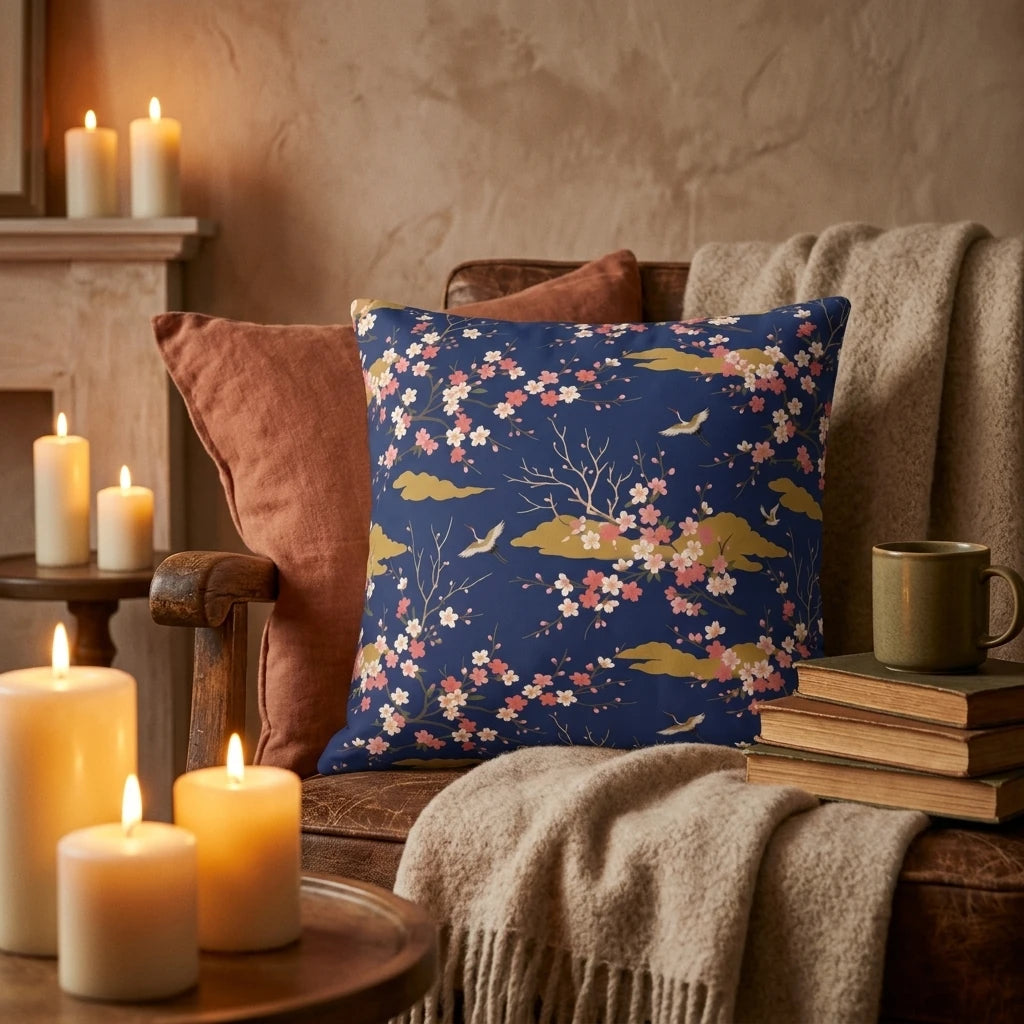 Decorative navy blue cushion with floral cherry blossoms and cranes on a cozy armchair with lit candles, books, and a warm blanket.