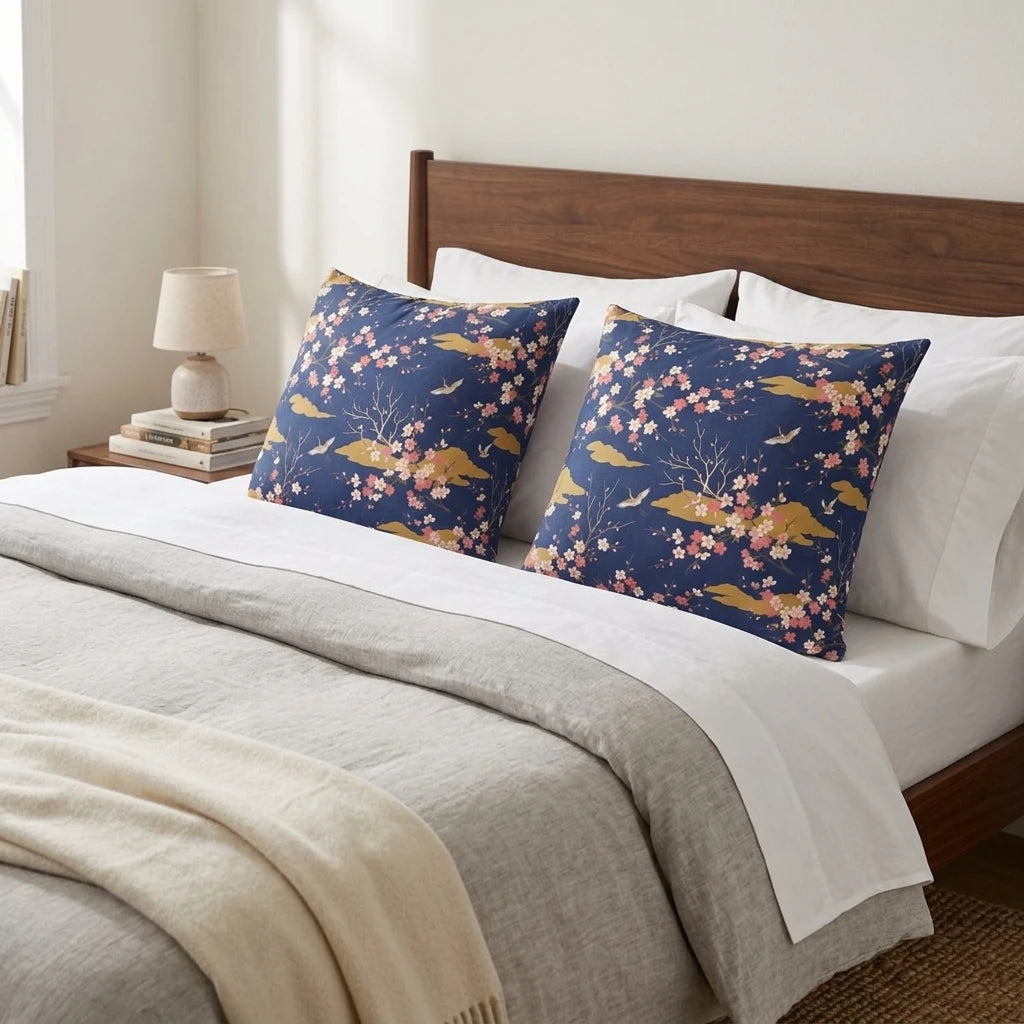 Navy blue cushions with a cherry blossom and crane pattern on a wooden bed. Decorative throw pillow set featuring Japanese floral art.