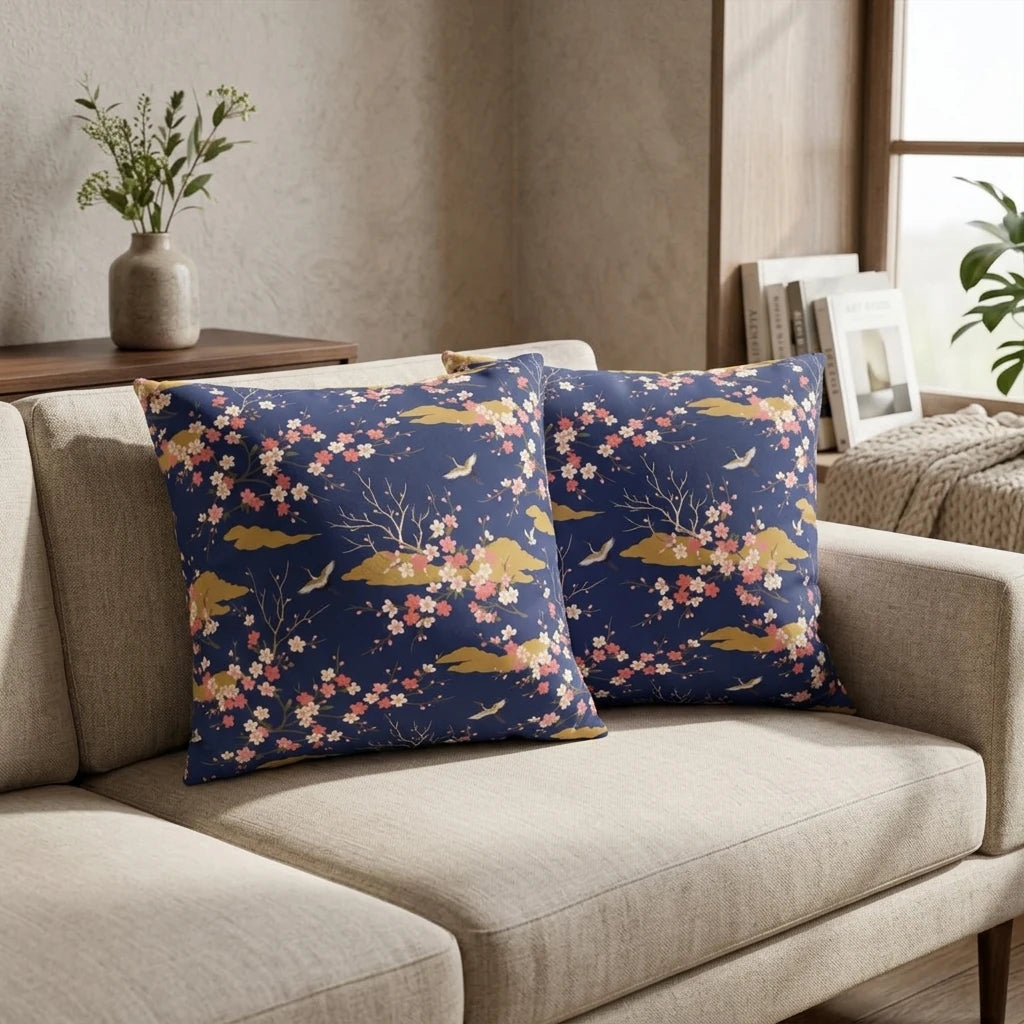 Pair of navy blue cushions with pink cherry blossom and gold crane patterns on a minimalist beige sofa in a bright, modern living room.