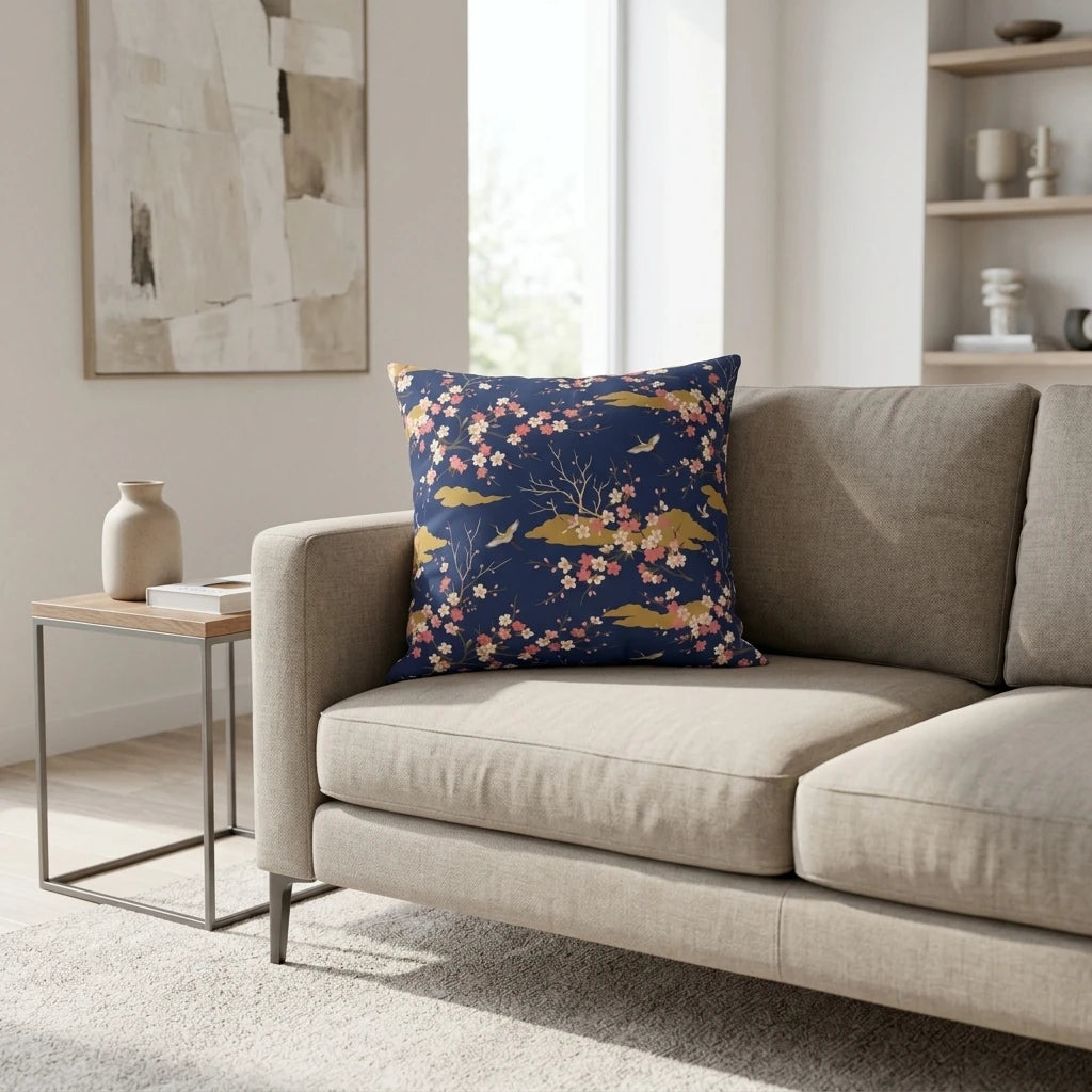Floral decorative throw pillow with a navy blue Japanese-style pattern on a beige sofa in a modern, neutral-toned living room interior.