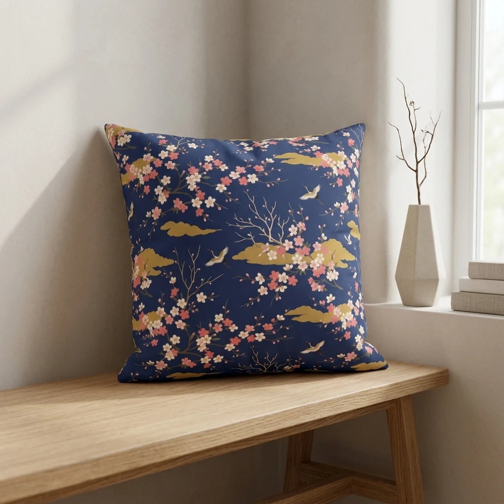Navy blue cushion with pink cherry blossoms and golden cranes on a light wood bench in a minimalist interior setting with a neutral vase.
