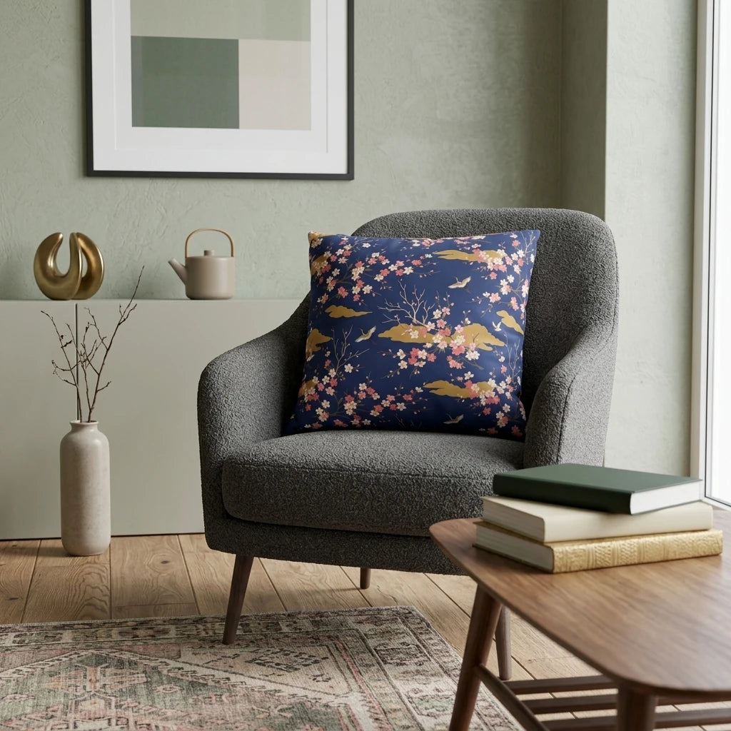 Navy blue cushion with Japanese cherry blossoms and gold clouds pattern, styled on a grey armchair in a cozy living room.