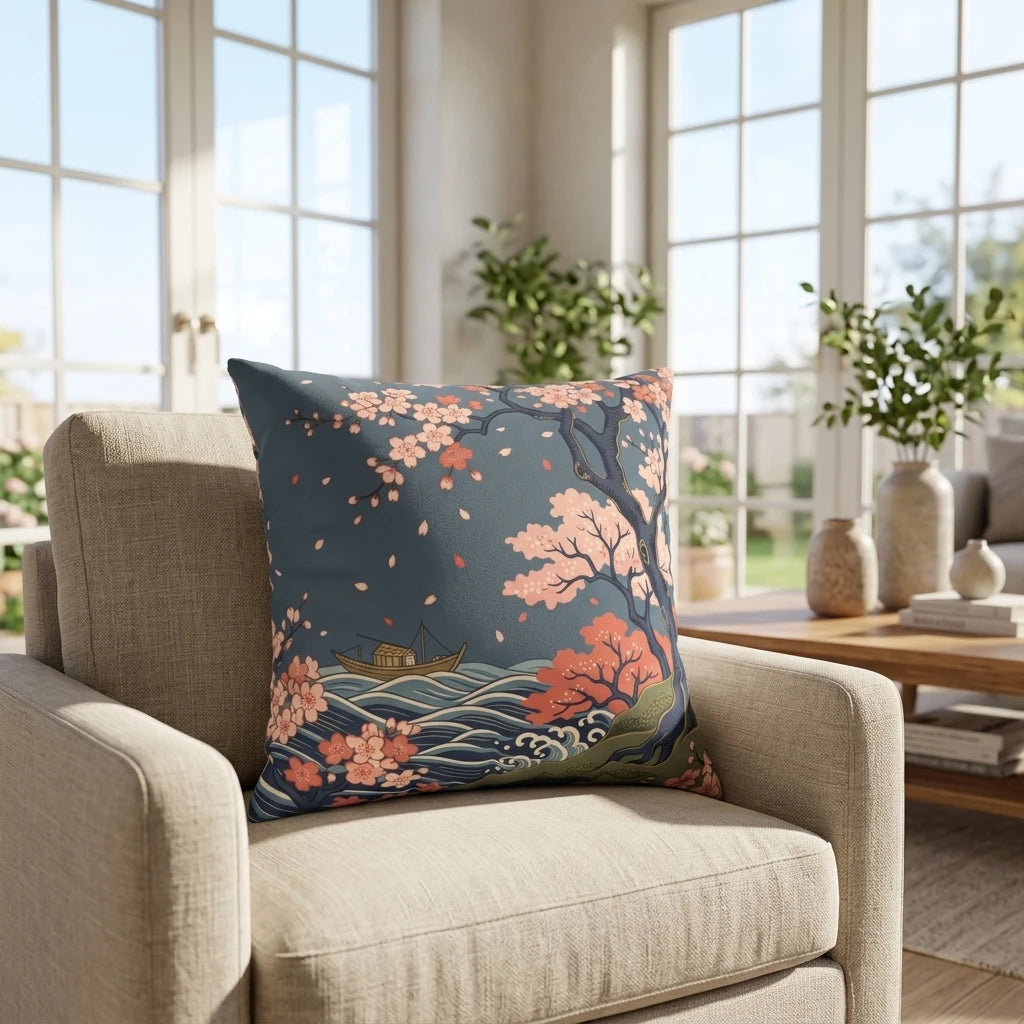Japanese art throw pillow with pink cherry blossoms and ocean waves on a beige chair in a bright, sunlit living room with large windows.