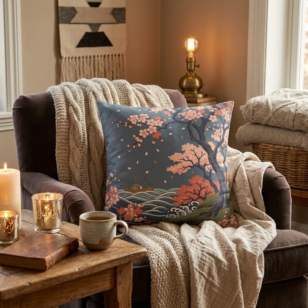 Japanese-style decorative cushion with pink cherry blossoms and blue ocean waves on a cozy armchair with warm blankets and candles.