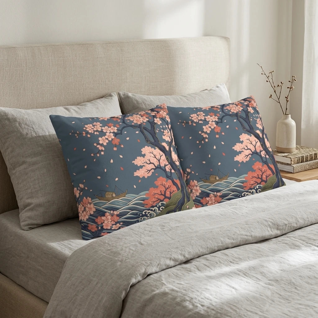 Two Japanese ukiyo-e style cushions on a bed featuring pink cherry blossoms and navy blue waves, styled in a minimalist linen bedroom setting.