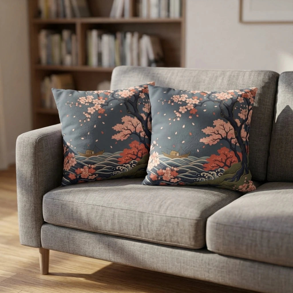 Two decorative cushions on a grey sofa featuring a Japanese cherry blossom and wave art print in pink and navy blue for modern home decor.