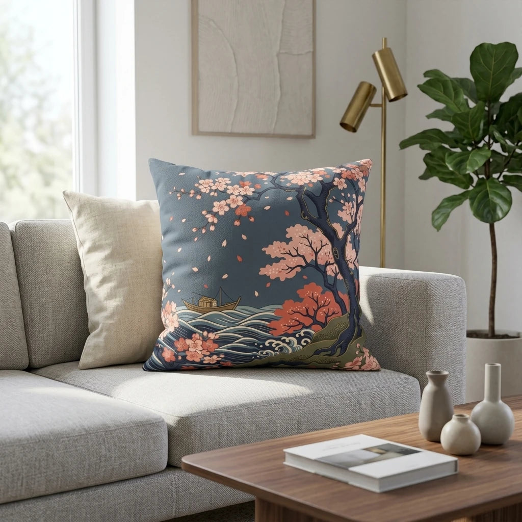 Japanese art throw pillow with cherry blossoms and waves on a grey sofa in a modern living room with a wooden table and plant.