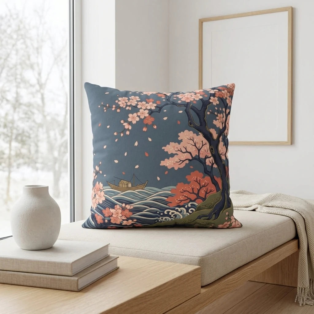 Japanese ukiyo-e style decorative pillow with cherry blossoms and a boat, displayed in a minimalist interior on a bench by a window.