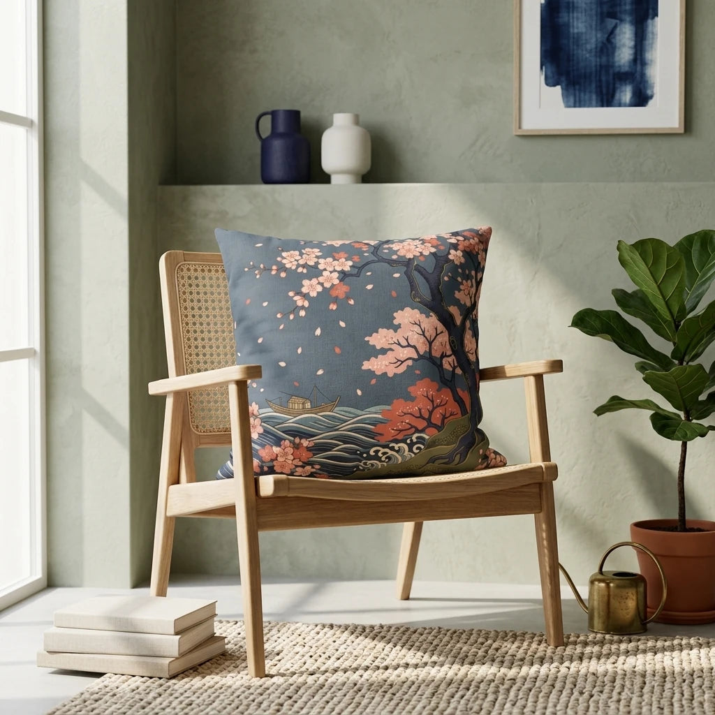 Japanese cherry blossom throw pillow on a wooden chair in a minimalist room with green walls, a fiddle leaf fig, and a natural jute rug.