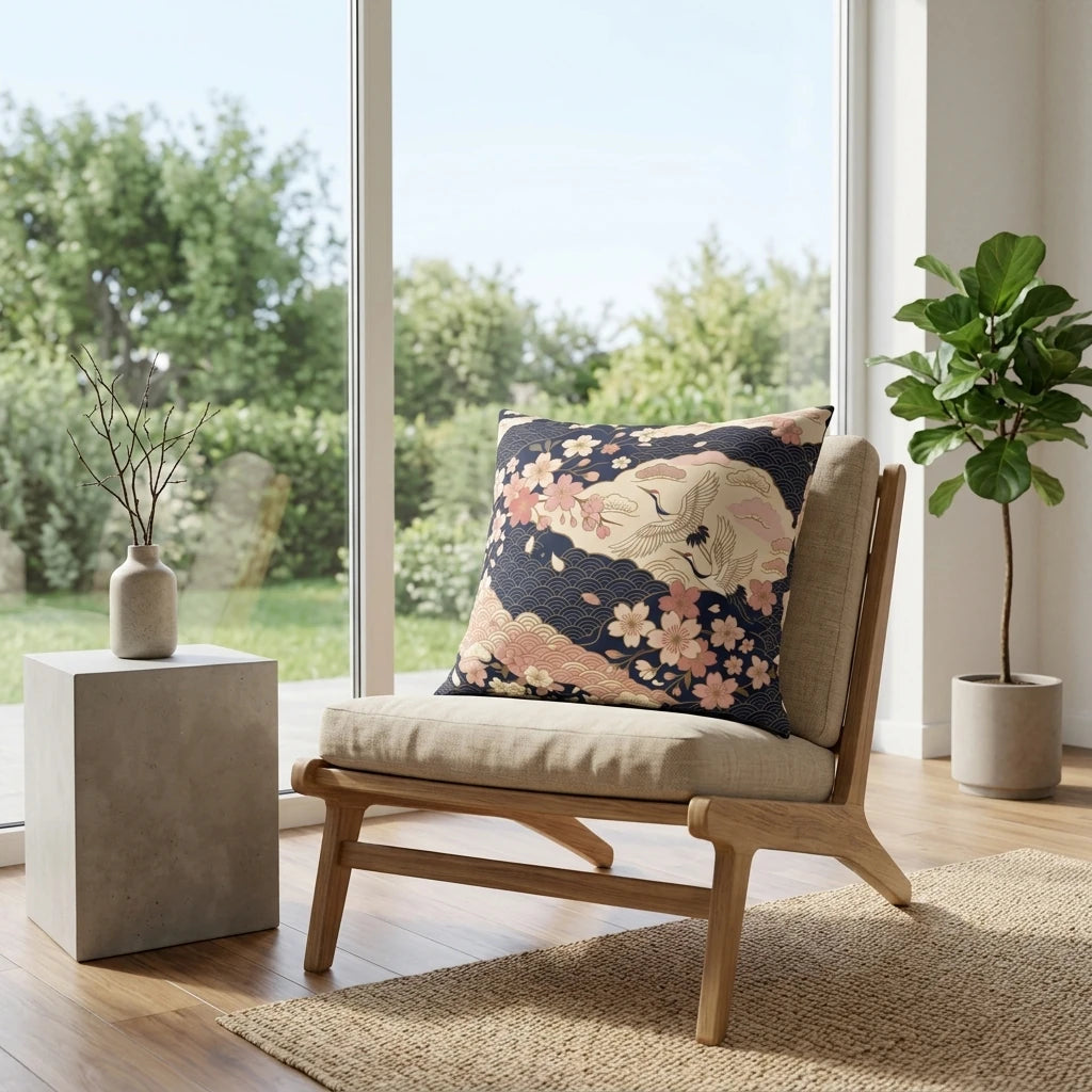 Japanese-style cushion with cranes and pink blossoms on a wooden chair in a bright room with floor-to-ceiling windows and a garden view.