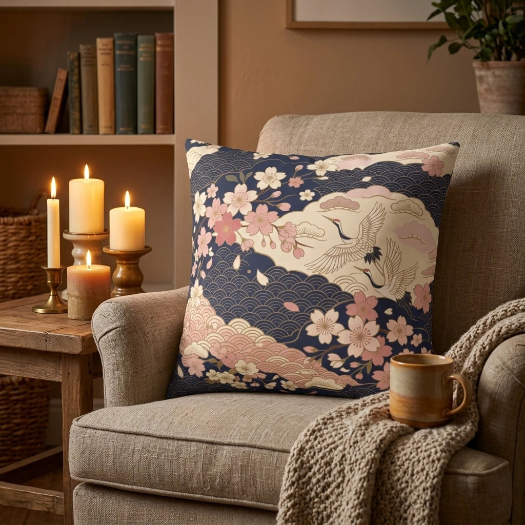 Japanese crane and cherry blossom pillow on a cozy armchair with lit candles, featuring navy blue and pink floral patterns in a home setting.