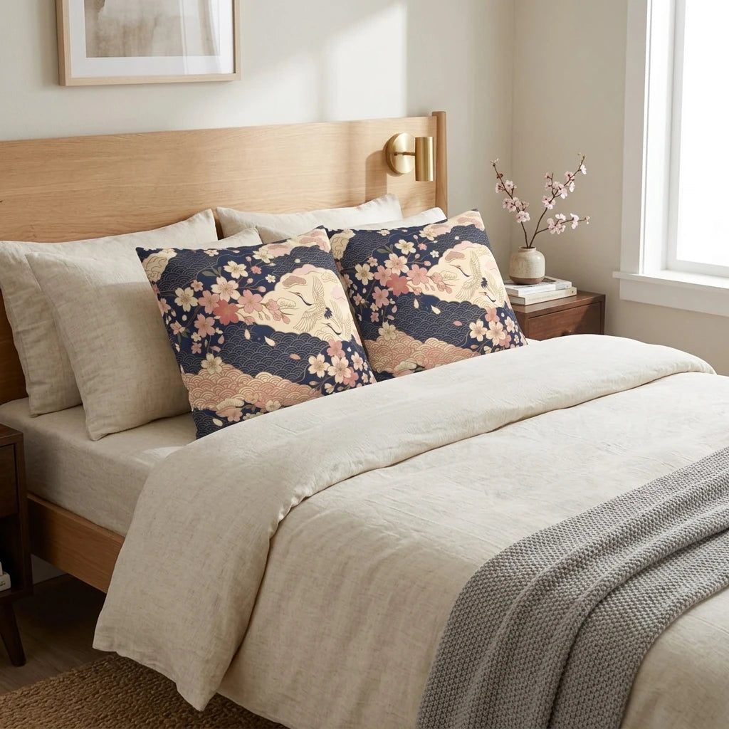 Japanese crane and cherry blossom pillows on a beige bed with a wooden headboard, showcasing a navy blue and pink floral pattern in a cozy bedroom.