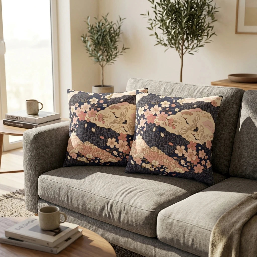 Pair of navy blue cushions with Japanese crane and cherry blossom designs on a gray sofa in a sunlit modern living room lifestyle scene.