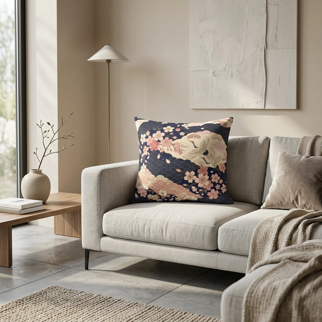 Japanese pattern throw pillow with pink cherry blossoms and cranes on a light gray sofa in a modern minimalist living room.