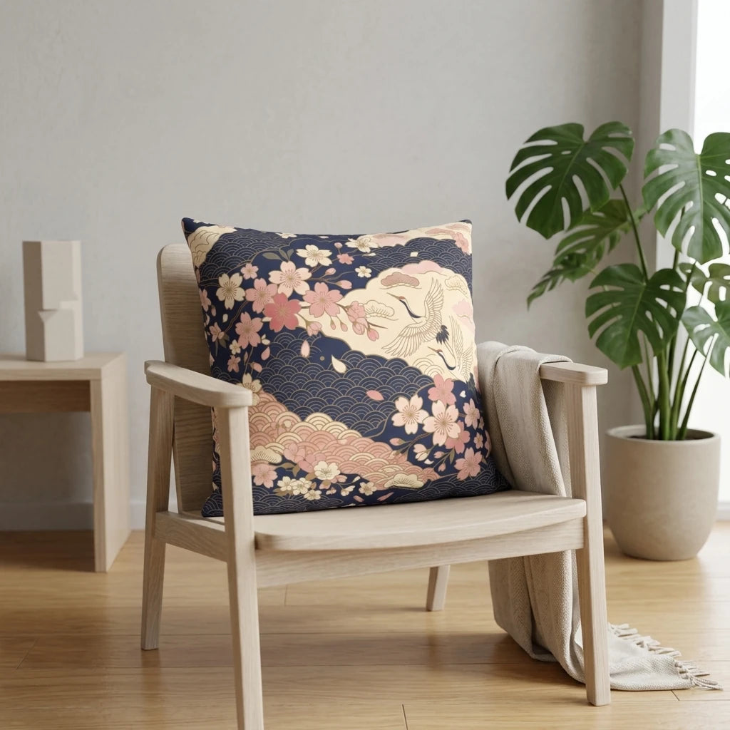 Decorative pillow with a Japanese crane and cherry blossom pattern on a light wood chair in a minimalist interior with a Monstera plant.